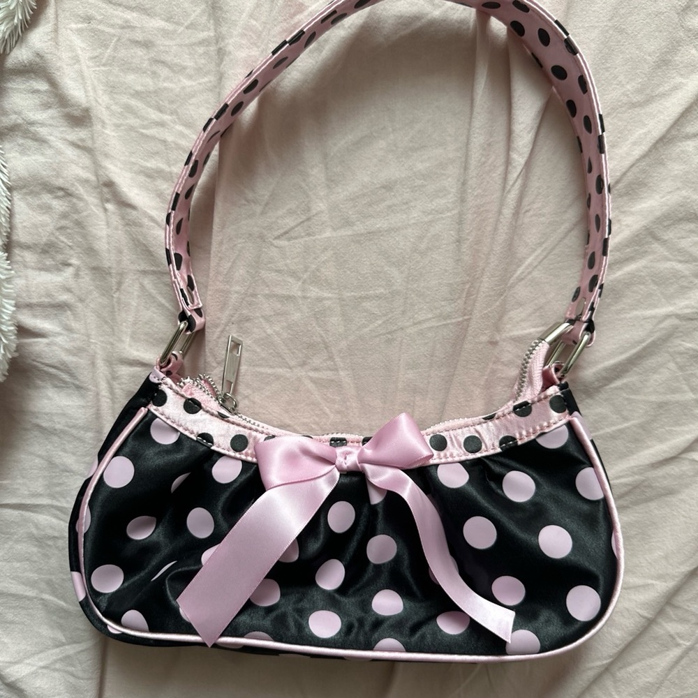 Women's Black & Pink Polka Dot Shoulder Bag with Bow